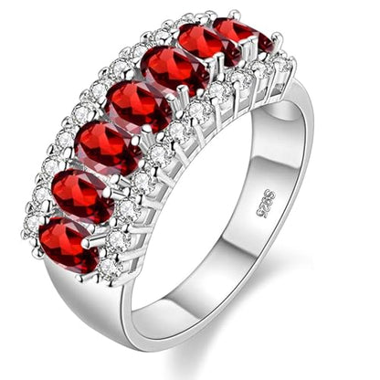 Uloveido Beautiful Women's 7 Stones Wedding Band Oval Cubic Zirconia Engagement Anniversary Rings J501 - color: Platinum-Red