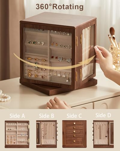 Rotating Black Walnut Wooden Jewelry Box for Women, 5 Layer | 360° Rotatable, 5 Drawers, Rings, Necklaces, Earrings & Bracelets, Large Storage Case, Gift for Her - size: 5 Layer(7.9"D x 9.4"W x 10.4"H)