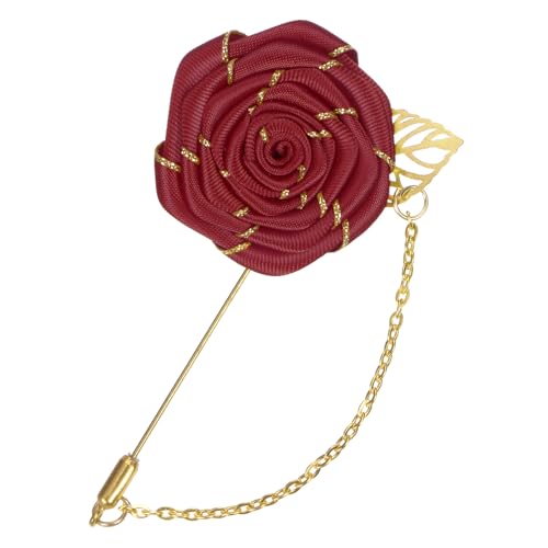 M METERXITY Rose Brooch Pin Cloth Rose Flower with Gold Leaf Brooch, Rose Flower Lapel Pin for Men Wedding Accessories/Suit Tuxedo Corsage Wedding Party Brooch - color: Wine-Red