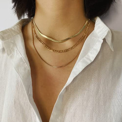 Herringbone Choker Necklace Set Double Layer Snake Chain Herringbone Chain Necklace Layering Necklace Set Cuban Chain Necklace for Women - style: Three layered Snake + Figaro-GD