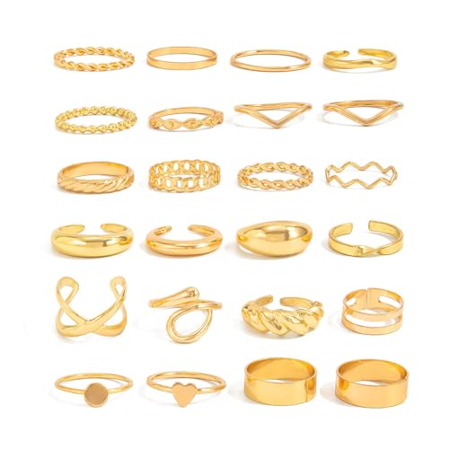 Gold Rings for Women Non Tarnish Stackable Rhinestone Moon Star Rings Dainty Stacking Pearl Butterfly Midi Pinky Thumb Joint Finger Knuckle Ring Set Gold Non Tarnish Jewelry Gifts Trendy Stuff - color: E Gold Stackable Rings 24Pcs