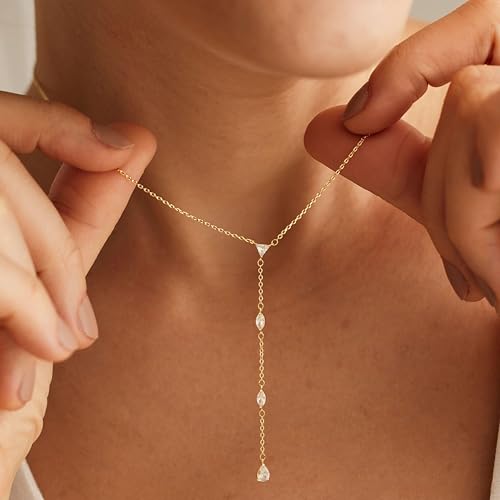 Lariat Necklace for Women, Dainty 14K Gold/Silver Plated Long Necklaces for Women Trendy Simple Layered Y-Shaped Pendant Necklace Adjustable Fashion Jewelry Gift - color: Gold, style: Four CZ Pendant