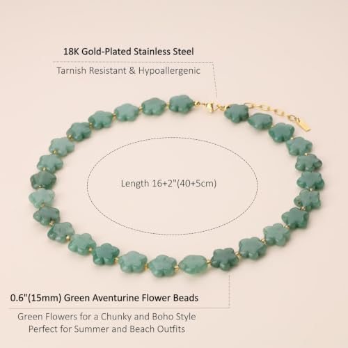COAI Chunky Colorful Necklace for Women, Summer Beach Jewelry Crystal Flower Necklace for Women, Multi-Gemstones Sodalite Red Jasper Chunky Choker - style: Green Aventurine Necklace