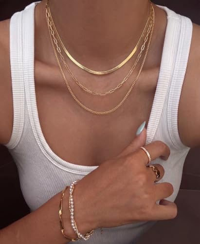 Tewiky Layered Necklaces for Women 14k Gold Plated Chain Necklace Set | Chunky Herringbone/Snake/Rope/Box/Cuban Link Chain for Women, Layering Stack Choker Necklace, Dainty Jewelry Set Non Tarnish - color: Gold--style K