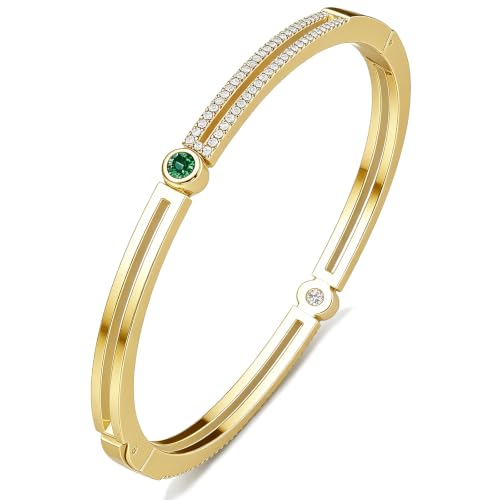 AuraLyric Gold Bracelets for Women, 14K Gold Plated Nail/Love/Emerald Green/Teardrop/Round White CZ Bangle Bracelets, Stackable Gold Bangles Non Tarnish, Gifts for Wife Mom Daughter 6.5 Inch - color: Green & White CZ - Round