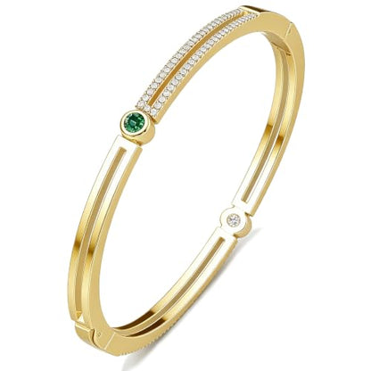 AuraLyric Gold Bracelets for Women, 14K Gold Plated Nail/Love/Emerald Green/Teardrop/Round White CZ Bangle Bracelets, Stackable Gold Bangles Non Tarnish, Gifts for Wife Mom Daughter 6.5 Inch - color: Green & White CZ - Round