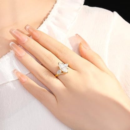 4CT 3 Stone Moissanite Engagement Ring for Women, Marquise Cut D Color VVS1, 925 Sterling Silver with 18K White Gold Plated, Anniversary Promise Ring for Her, Wedding Ring with Gift Box - color: Yellow