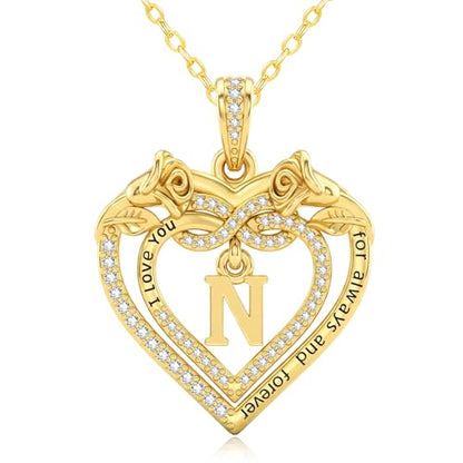 14K Gold Initial Letter Rose Heart Pendant Necklace for Women, Anniversary Birthday Jewelry Gifts for Wife Mom Grandma Sister Daughter, I Love You for Always And Forever - style: 14K Gold-N
