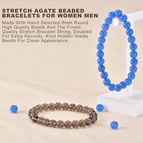 2PCS Agate Bracelet for Women Men Natural Round Beaded Agates Stone Healing Stretch Bracelets Elastic Handmade Polished Gemstone Beads Bracelet - color: Blue+Grey Obsidian, size: 8mm Beads