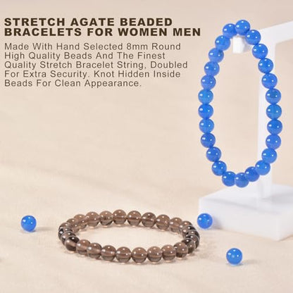 2PCS Agate Bracelet for Women Men Natural Round Beaded Agates Stone Healing Stretch Bracelets Elastic Handmade Polished Gemstone Beads Bracelet - color: Blue+Grey Obsidian, size: 8mm Beads