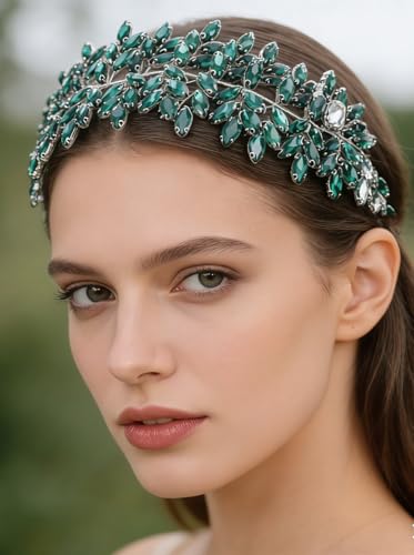 Missgrace Women Silver Green Black Red Blue Handmade Full Crystal Rhinestone Large Headband Hair Vine Shinny Headpiece Bridal Wedding Hair Accessories for Women (Silver Peacock green) - color: Silver Peacock green