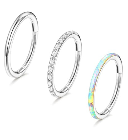 3pcs Nose Rings Hoops - 316L Surgical Steel Hinged Nose Hoops 16G/18G/20G CZ Clicker Septum Nose Ring Lip Helix Cartilage Hoop Earring Daith Rook Conch Body Piercing Jewelry for Women Men 8mm 10mm - color: Silver, size: 16 gauge(1.2mm)-8mm