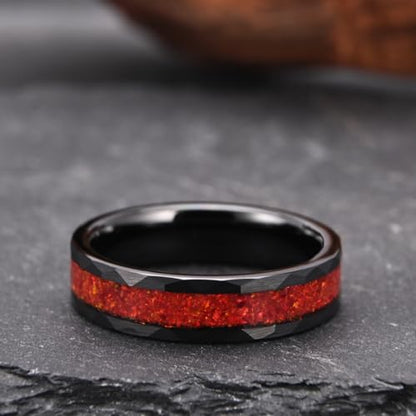 Tungsten Rings for Men Women 8mm/6mm Hammered Wedding Bands | Black and Red Men's Engagement Rings Inlaid with Red Opal High Polish, suitable for couples' anniversaries and everyday wear - color: 6mm black and red