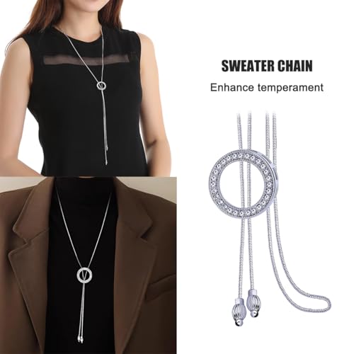 Long Sweater Necklace for Women, Silver Tone Crystal Circle Pendant, Elegant Snake Chain Fashion Jewelry for Dress & Top