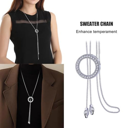 Long Sweater Necklace for Women, Silver Tone Crystal Circle Pendant, Elegant Snake Chain Fashion Jewelry for Dress & Top