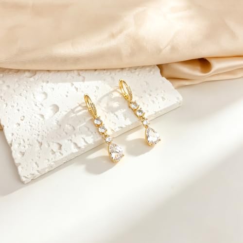 Dangle Earrings for Women, 14K Gold Plated Long Tassel Zircon CZ Huggie Drop Earrings, Trendy Long Chain Earrings for Wedding Party Prom Jewelry Gift - style: Pave CZ