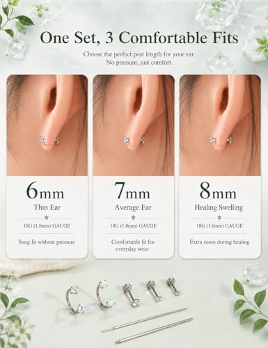 18G 316L Surgical Steel Horseshoe Nose Ring & Threadless Stud Set | Includes CZ and opal horseshoe rings, 3 threadless CZ studs and taper tools for nostril, septum, tragus and labret.