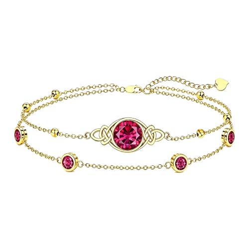 Midari 18K Gold Irish Infinity Celtic Knot Birthstone Layed Anklet Bracelet with 12 Months Birthstone Birthday Jewelry Gifts for Women Mom - color: 07-Ruby, size: Bracelet 7"-9"