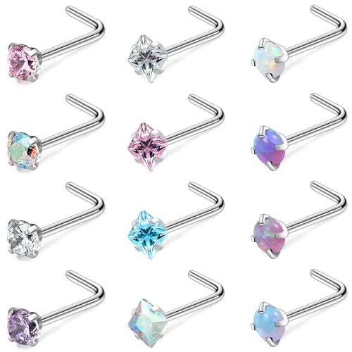 Hypoallergenic Nose Rings Studs 18G & 20G Surgical Steel Nose Studs L Shaped Nostril Piercing Jewelry with Cubic Zirconia for Women & Men - color: 20g,L-shape,crystal+opal