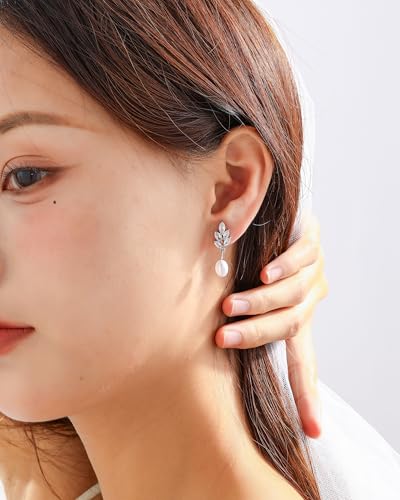 Pearl Earrings for Women, 14k Gold Plated Trendy Diamond Pearl Drop Earrings Bridal Shower Gifts Wedding jewelry for Women - color: Style A Silver