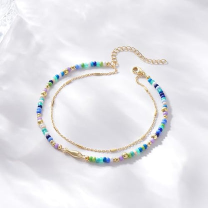 KELORIS PATH Beaded Ankle Bracelets for Women, Fish Charm Anklet | Layered Bead Anklets Stack with 14K Gold Plated Fish Pendant, Adjustable Summer Beach Waterproof Jewelry Gift for Her - color: Blue