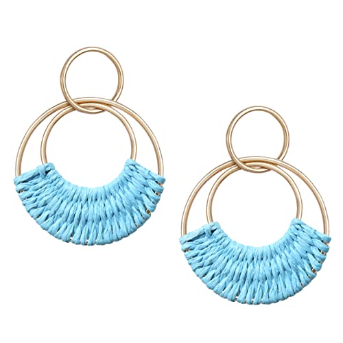 Raffia Hoop Earrings for Women Fun Boho Summer Beach Earrings Lightweight Handmade Straw Wicker Rattan Dangle Earrings Statement Geometric Round Drop Earrings - color: Light Blue - Round