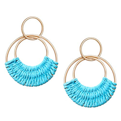 Raffia Hoop Earrings for Women Fun Boho Summer Beach Earrings Lightweight Handmade Straw Wicker Rattan Dangle Earrings Statement Geometric Round Drop Earrings - color: Light Blue - Round