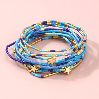 Gold Beaded Bracelets Stack for Women Stocking Stuffers 12PCS Boho Gold Plated Seed Beads Bracelet Stretch Star Stackable Accessories Jewelry Friendship Fall Christmas Gifts for Women - color: Blue