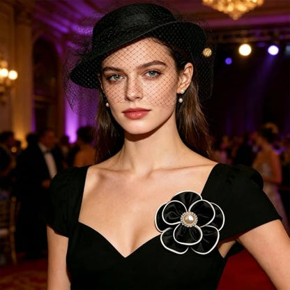 Camellia Flower Brooch Pin for Women Black Flower Brooches Large Fabric Flowers Brooch for Women Dress Accessorie - color: Black Pearl flower