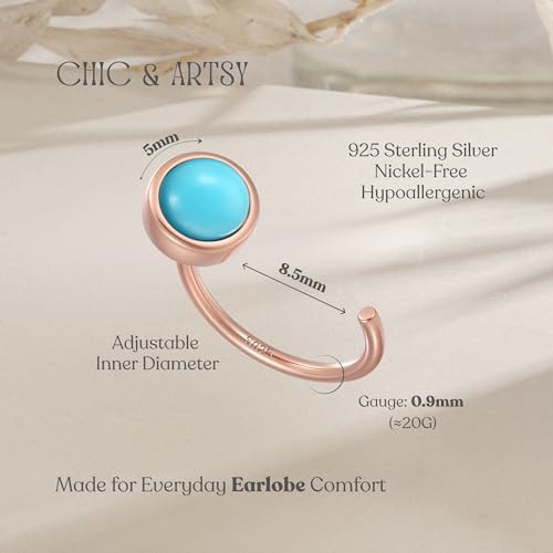 CHIC & ARTSY 925 Sterling Silver Half Hoop Earrings for Women, Dainty Huggie Hoops with Synthetic Opal, Moonstone, CZ & Gemstones, Lightweight Comfort Fit Everyday Elegant Jewelry - color: Synthetic Turquoise/Rose Gold Plated Silver