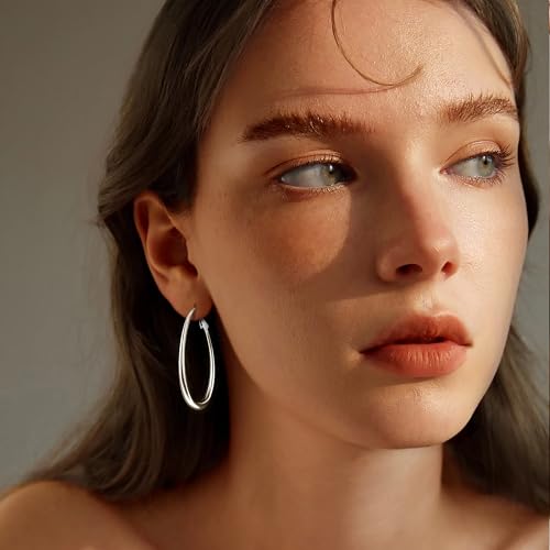 OGD Teardrop Hoop Earrings for Women 14K Gold Plated Large Chunky Oval Pull Through Hoop Earrings Statement Jewelry Gift for Women Hypoallergenic - color: Oval Earrings-Silver45mm