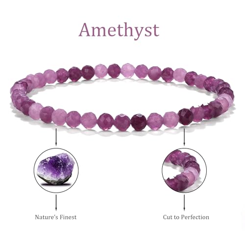 Natural Faceted Crystal Bracelet for Women,4mm Gemstone Round Beads Bracelets Adjustable Stretchy Healing Crystal Beads Bracelets Dainty Jewelry Gift - color: Amethyst