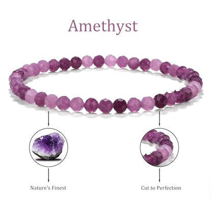 Natural Faceted Crystal Bracelet for Women,4mm Gemstone Round Beads Bracelets Adjustable Stretchy Healing Crystal Beads Bracelets Dainty Jewelry Gift - color: Amethyst