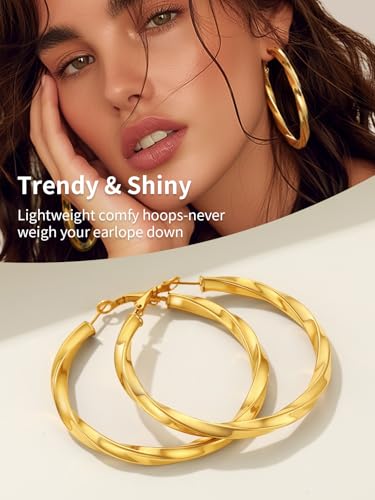 FindChic Twisted Hoop Earrings for Women, Silver/Black/14K Gold Plated Hypoallergenic Hollow Tube Rounded Loop Earrings, 30mm/40mm/60mm/80mm Hoops with Custom Name Options and Gift Box - color: c.Gold, size: 60MM