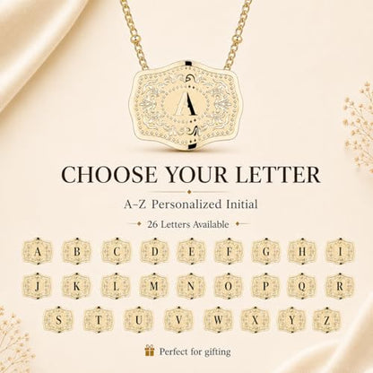 14K Gold-Plated Initial Necklace for Women, Western Belt Buckle Letter Pendant, Alphabet Necklace Includes 2 Chains, Cowgirl Jewelry Gift - color: K