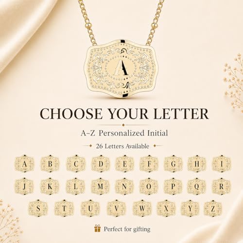 14K Gold-Plated Initial Necklace for Women, Western Belt Buckle Letter Pendant, Alphabet Necklace Includes 2 Chains, Cowgirl Jewelry Gift - color: J