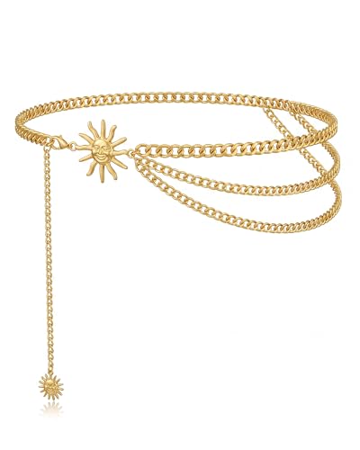 Chain Belt for Women Fashion Metal Waist Chain Belt for Dress Jeans - size: Fit Waist Up to 55'', style: Gold-sun