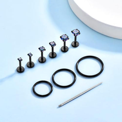 16G 18G Surgical Steel Internal Thread Stud Piercing Jewelry Set Nose Medusa Lip Labret Stud Hypoallergenic Clicker Hoop Septum Rings Cartilage Tragus Helix Conch Earrings for Women Men - color: 16G-6mm-black