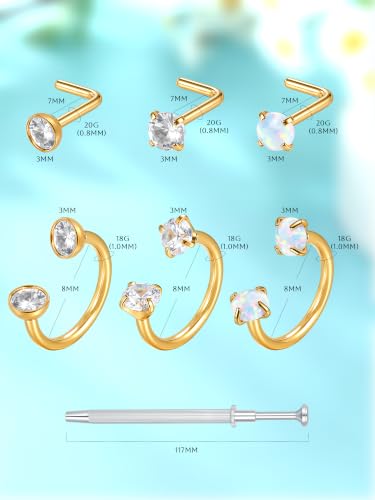 Aumeo Horseshoe 18G Nose Rings 8mm for Women, Surgical Steel 20G L Shaped Nose Rings Studs 7mm, Internally Threaded Tragus Cartilage Helix Earrings, Silver/Gold - style: Gold, 3pcs horseshoe nose rings