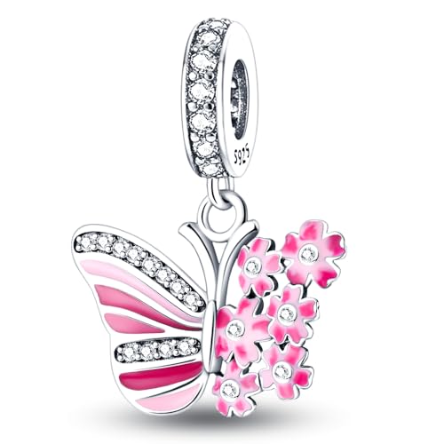 925 Sterling Silver Charms for Bracelets Necklaces Dangle Pendant With 5A Cubic Zirconias Bead Charm for Women DIY Jewelry - style: Butterfly Pink