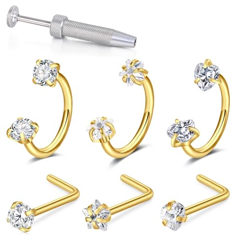 18G 20G Horseshoe Nose Rings Studs with Taper and Grabber | Surgical Steel Nose Ring Pink Cubic Zirconia Nose Piercing,Internally Threaded Nose Rings For Women,Colorful Zirconia - color: Gold-6Pcs