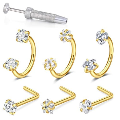 18G 20G Horseshoe Nose Rings Studs with Taper and Grabber | Surgical Steel Nose Ring Pink Cubic Zirconia Nose Piercing,Internally Threaded Nose Rings For Women,Colorful Zirconia - color: Gold-6Pcs