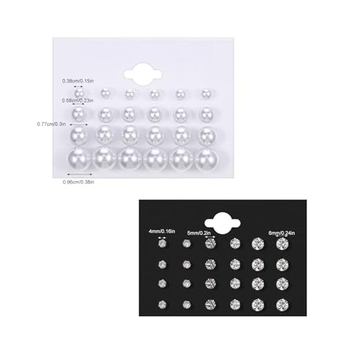 24 Pairs Pearl Studs Earrings for Women, Faux Simulated Pearl Earrings 4 Mixed Sizes Round Ball Pearls Stud Earring Set - color: White, Clear
