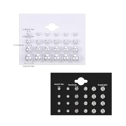 24 Pairs Pearl Studs Earrings for Women, Faux Simulated Pearl Earrings 4 Mixed Sizes Round Ball Pearls Stud Earring Set - color: White, Clear