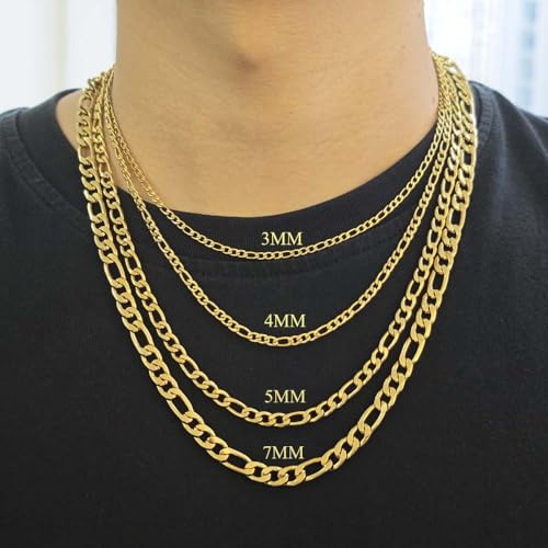 Stainless Steel Figaro Link Chain Necklace For Men Women, 3mm 4mm 5mm 7mm Width, 18k Gold Plated 18 20 22 24 Inch Figaro Chain, No Tarnish Durable Waterproof Jewelry - color: 4MM Gold, size: 22inches