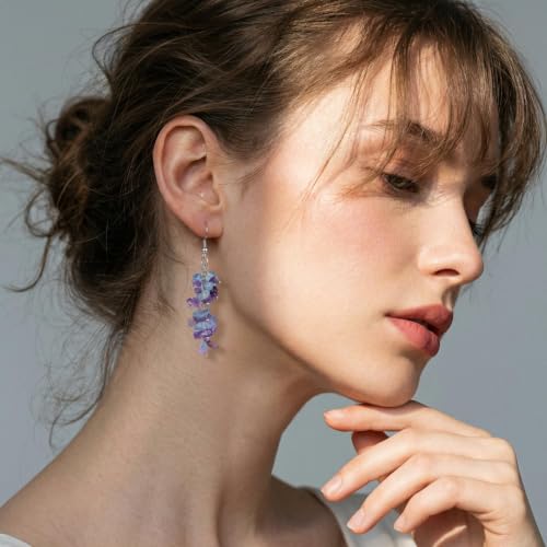 Nupuyai Natural Tumbled Stones Earrings for Women, Reiki Healing Crystal Long Dangle Hook Eardrop - color: #5-Purple & Blue