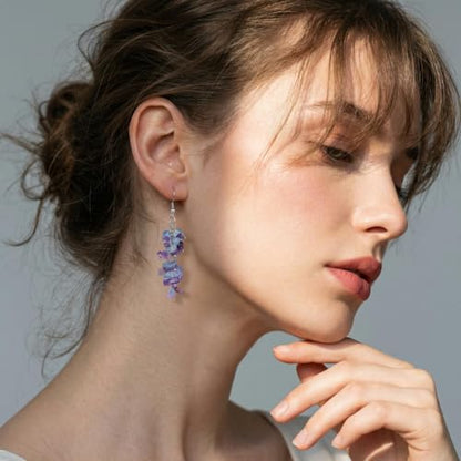 Nupuyai Natural Tumbled Stones Earrings for Women, Reiki Healing Crystal Long Dangle Hook Eardrop - color: #5-Purple & Blue