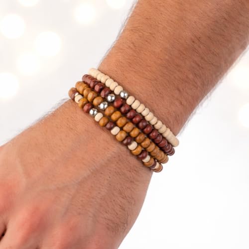 Avoirr Set of 4 Natural Wood Beaded Bracelets for Men & Women – 4mm Handmade Stretchable Wooden Beads in Natural, Tan & Maroon – Unisex Fits (7–7.5 inch)