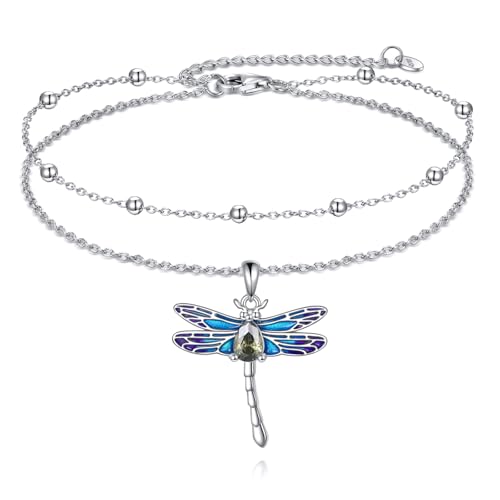 925 Sterling Silver Cat Butterfly Anklets Double Layered Chain for Birthday Women Ankle Bracelet Summer Beach Dainty Jewelry - style: Dragonfly Anket