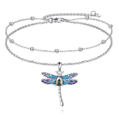 925 Sterling Silver Cat Butterfly Anklets Double Layered Chain for Birthday Women Ankle Bracelet Summer Beach Dainty Jewelry - style: Dragonfly Anket